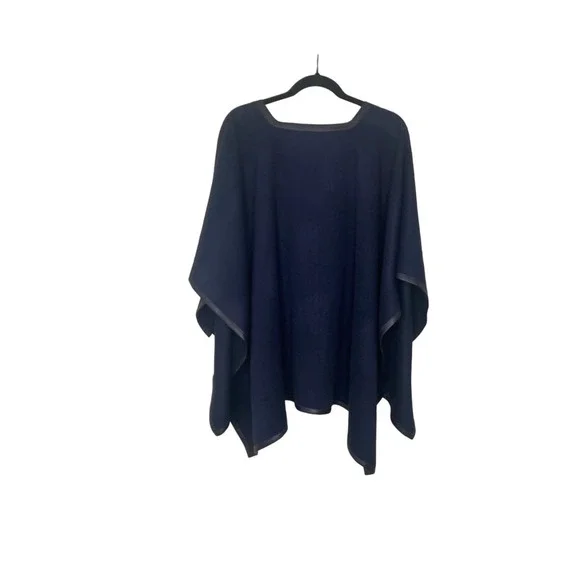 Stick & Ball Navy Blue Baby Alpaca Lambskin Leather Trimmed Poncho NWT $425.00 - Picture 7 of 15